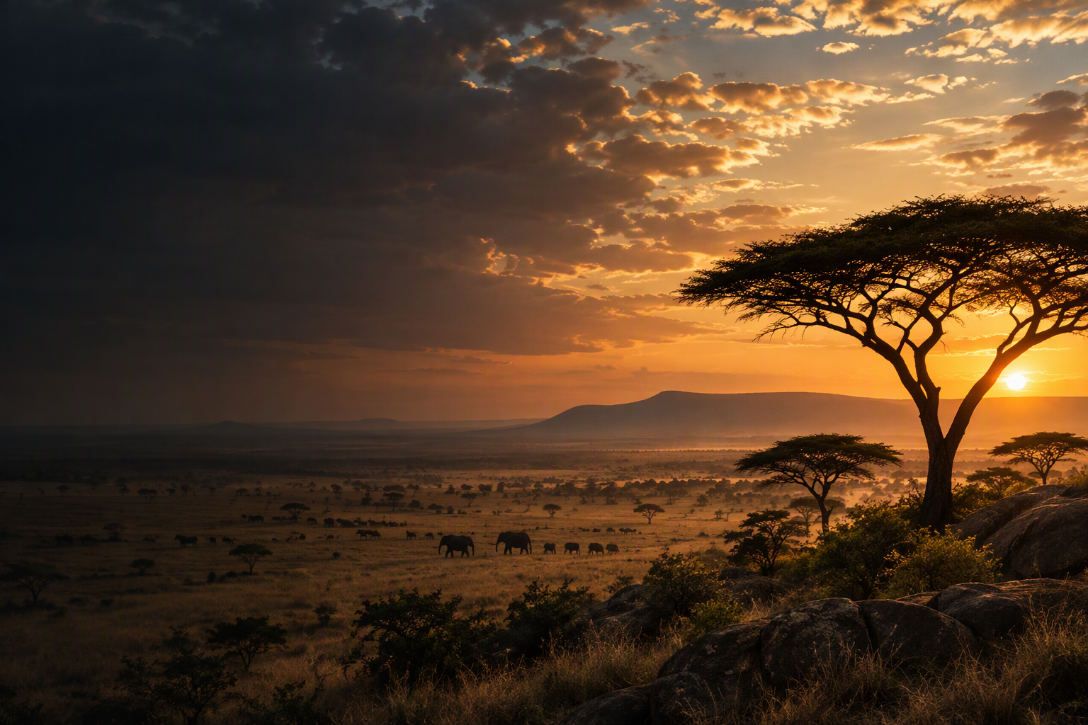 Serengeti landscape at sunset